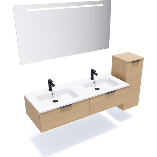 Ensemble Salle De Bain Double Vasque 140cm 2 Tiroirs Chêne + Miroir + Colonne Droite - Soho