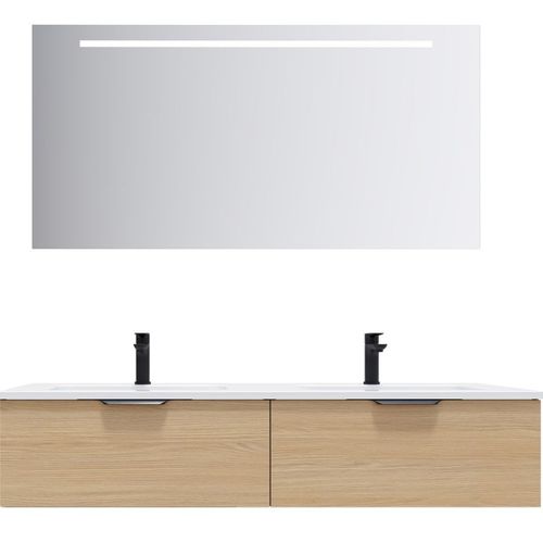 Meuble De Salle De Bain Double Vasque 140cm 2 Tiroirs Chêne + Miroir - Soho
