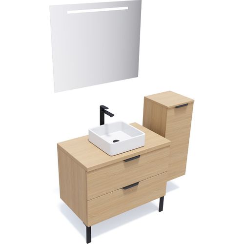 Ensemble Salle De Bain Vasque Posée 90cm 2 Tiroirs Chêne + Miroir + Colonne Droite - Soho