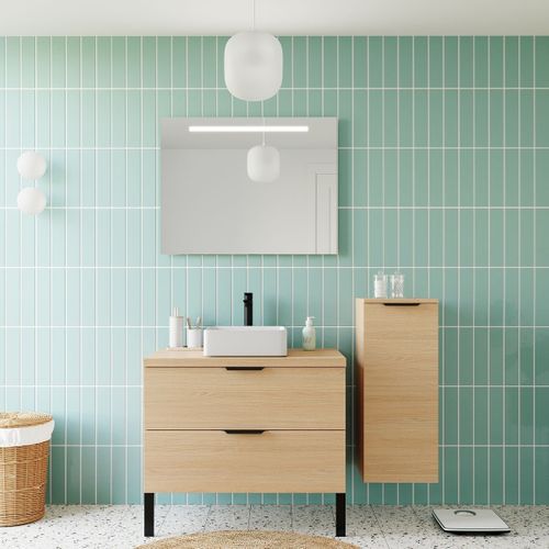 Ensemble Salle De Bain Vasque Posée 90cm 2 Tiroirs Chêne + Miroir + Colonne Droite - Soho