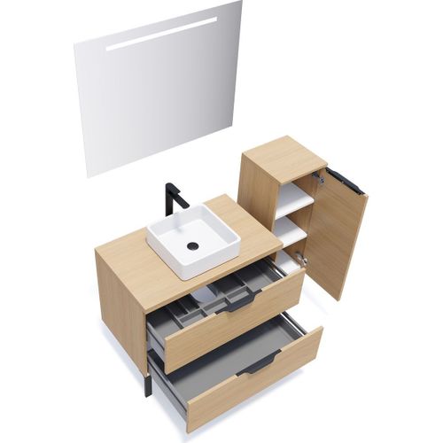 Ensemble Salle De Bain Vasque Posée 90cm 2 Tiroirs Chêne + Miroir + Colonne Droite - Soho