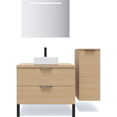 Ensemble Salle De Bain Vasque Posée 90cm 2 Tiroirs Chêne + Miroir + Colonne Droite - Soho
