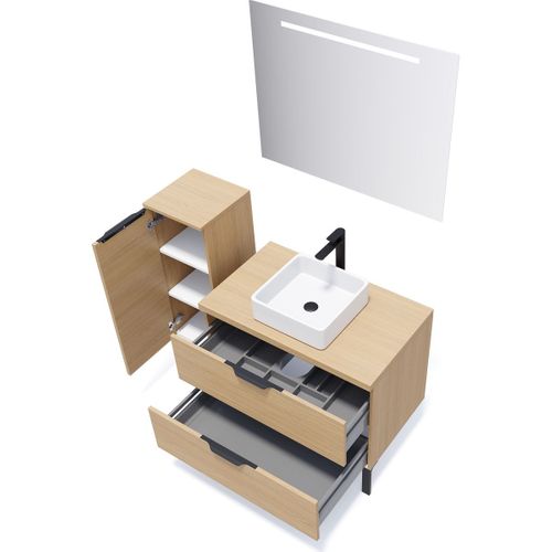 Meuble De Salle De Bain Vasque Posée 90cm 2 Tiroirs Chêne + Miroir - Soho