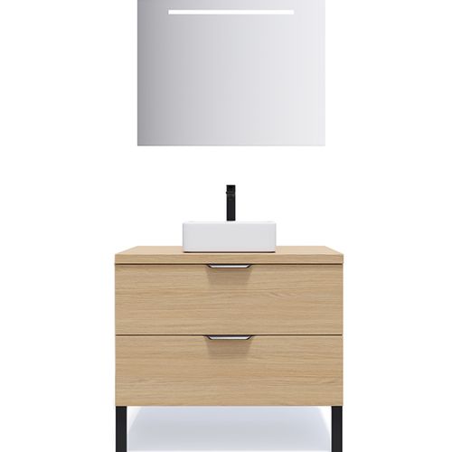 Meuble De Salle De Bain Vasque Posée 90cm 2 Tiroirs Chêne + Miroir - Soho