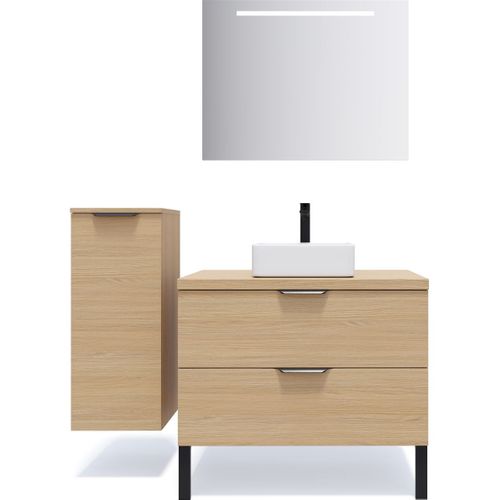 Meuble De Salle De Bain Vasque Posée 90cm 2 Tiroirs Chêne + Miroir - Soho