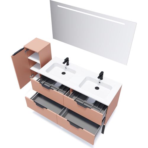 Meuble De Salle De Bain Double Vasque 140cm 4 Tiroirs Abricot + Miroir - Soho