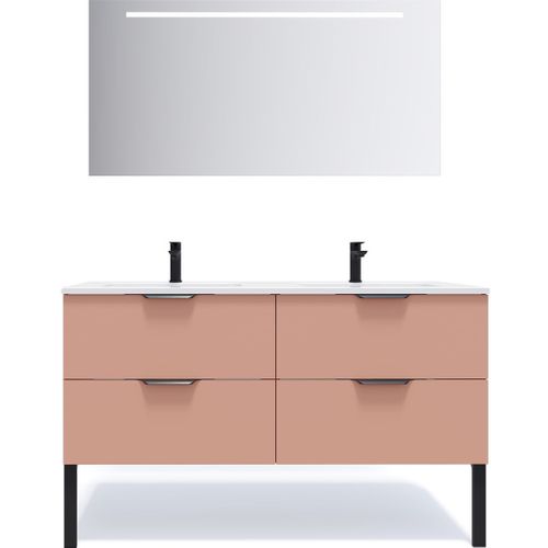 Meuble De Salle De Bain Double Vasque 140cm 4 Tiroirs Abricot + Miroir - Soho