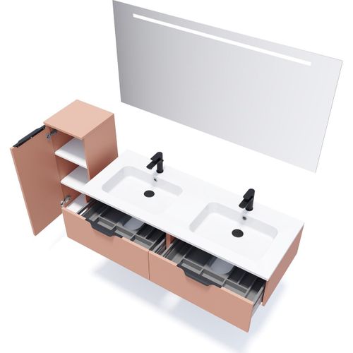 Ensemble Salle De Bain Double Vasque 140cm 2 Tiroirs Abricot + Miroir + Colonne Gauche - Soho