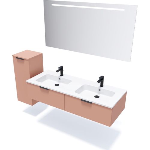 Ensemble Salle De Bain Double Vasque 140cm 2 Tiroirs Abricot + Miroir + Colonne Gauche - Soho