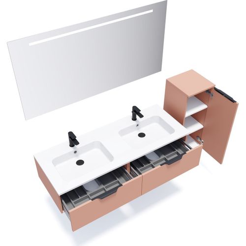 Ensemble Salle De Bain Double Vasque 140cm 2 Tiroirs Abricot + Miroir + Colonne Droite - Soho