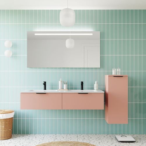 Ensemble Salle De Bain Double Vasque 140cm 2 Tiroirs Abricot + Miroir + Colonne Droite - Soho