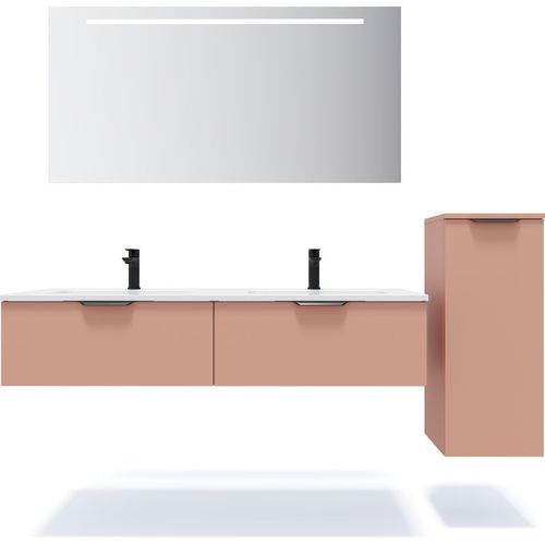 Ensemble Salle De Bain Double Vasque 140cm 2 Tiroirs Abricot + Miroir + Colonne Droite - Soho