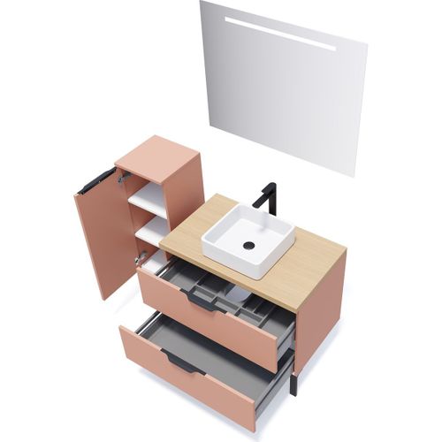 Ensemble Salle De Bain Vasque Posée 90cm 2 Tiroirs Abricot + Miroir + Colonne Gauche - Soho