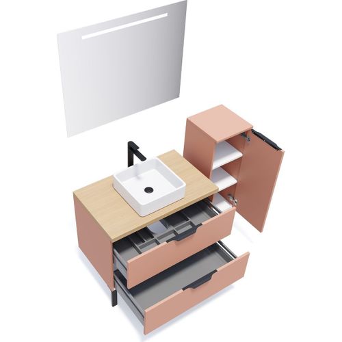 Ensemble Salle De Bain Vasque Posée 90cm 2 Tiroirs Abricot + Miroir + Colonne Droite - Soho