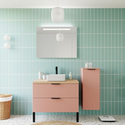 Ensemble Salle De Bain Vasque Posée 90cm 2 Tiroirs Abricot + Miroir + Colonne Droite - Soho