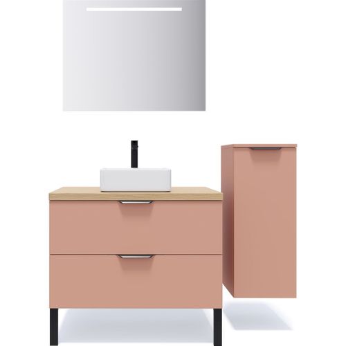 Ensemble Salle De Bain Vasque Posée 90cm 2 Tiroirs Abricot + Miroir + Colonne Droite - Soho