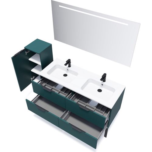 Meuble De Salle De Bain Double Vasque 140cm 4 Tiroirs Bleu + Miroir - Soho