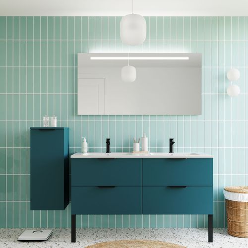 Meuble De Salle De Bain Double Vasque 140cm 4 Tiroirs Bleu + Miroir - Soho
