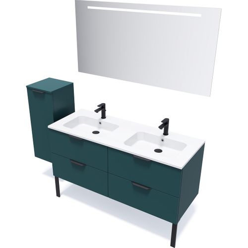Meuble De Salle De Bain Double Vasque 140cm 4 Tiroirs Bleu + Miroir - Soho