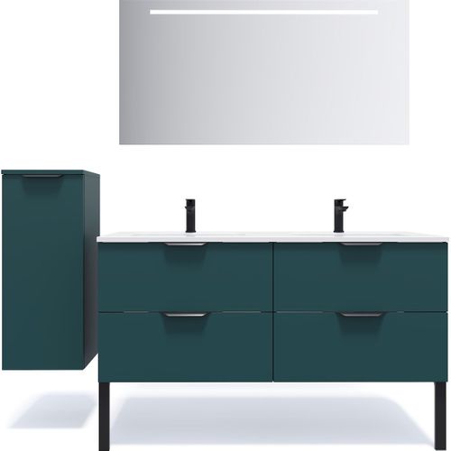 Meuble De Salle De Bain Double Vasque 140cm 4 Tiroirs Bleu + Miroir - Soho
