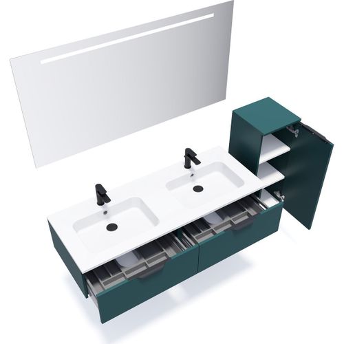 Ensemble Salle De Bain Double Vasque 140cm 2 Tiroirs Bleu + Miroir + Colonne Droite - Soho