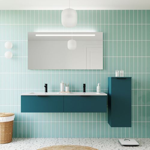 Ensemble Salle De Bain Double Vasque 140cm 2 Tiroirs Bleu + Miroir + Colonne Droite - Soho