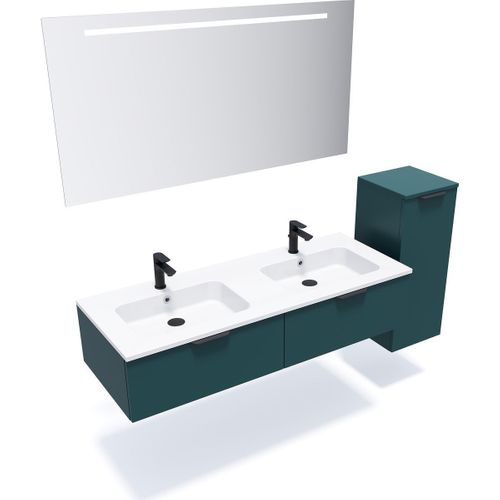 Ensemble Salle De Bain Double Vasque 140cm 2 Tiroirs Bleu + Miroir + Colonne Droite - Soho