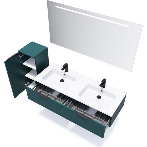 Meuble De Salle De Bain Double Vasque 140cm 2 Tiroirs Bleu + Miroir - Soho