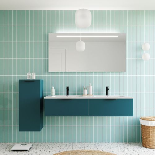 Meuble De Salle De Bain Double Vasque 140cm 2 Tiroirs Bleu + Miroir - Soho