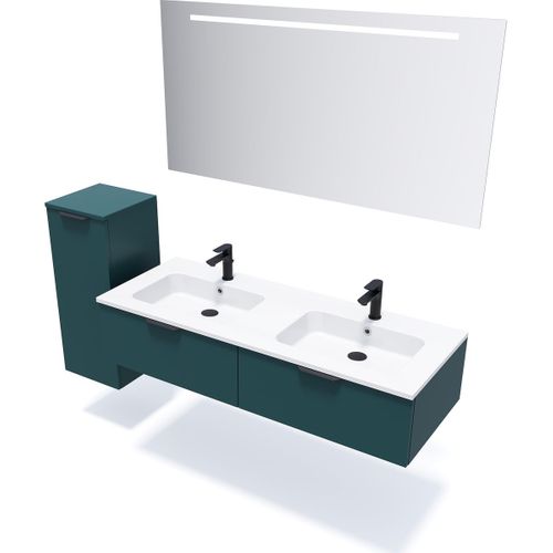 Meuble De Salle De Bain Double Vasque 140cm 2 Tiroirs Bleu + Miroir - Soho