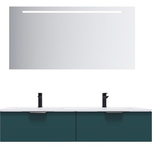 Meuble De Salle De Bain Double Vasque 140cm 2 Tiroirs Bleu + Miroir - Soho