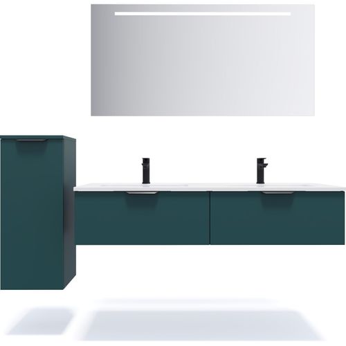 Meuble De Salle De Bain Double Vasque 140cm 2 Tiroirs Bleu + Miroir - Soho