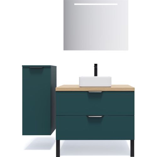Ensemble Salle De Bain Vasque Posée 90cm 2 Tiroirs Bleu + Miroir + Colonne Gauche - Soho