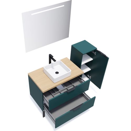 Ensemble Salle De Bain Vasque Posée 90cm 2 Tiroirs Bleu + Miroir + Colonne Droite - Soho