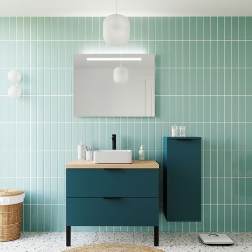 Ensemble Salle De Bain Vasque Posée 90cm 2 Tiroirs Bleu + Miroir + Colonne Droite - Soho