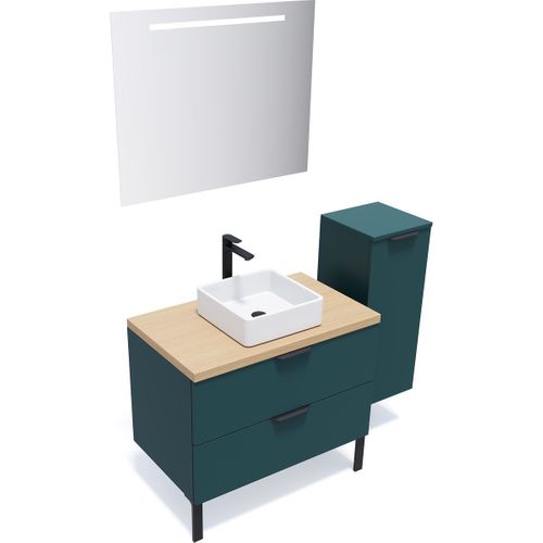 Ensemble Salle De Bain Vasque Posée 90cm 2 Tiroirs Bleu + Miroir + Colonne Droite - Soho