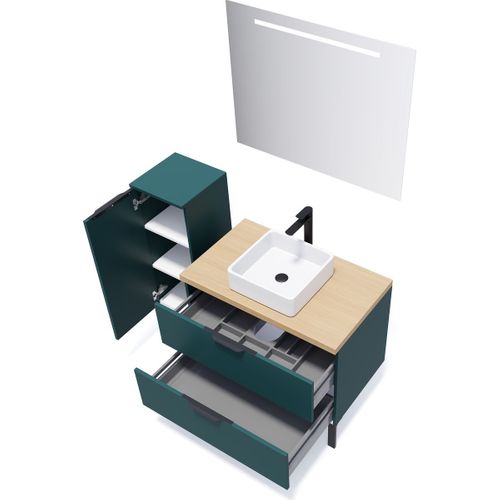 Meuble De Salle De Bain Vasque Posée 90cm 2 Tiroirs Bleu + Miroir - Soho