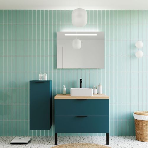 Meuble De Salle De Bain Vasque Posée 90cm 2 Tiroirs Bleu + Miroir - Soho