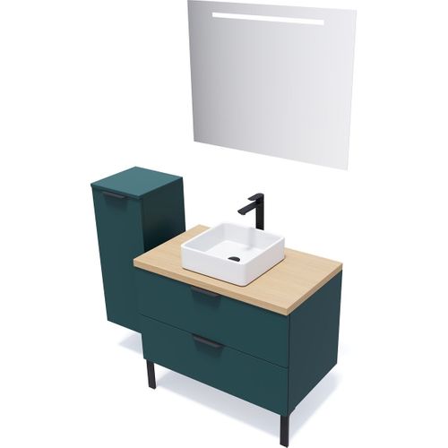 Meuble De Salle De Bain Vasque Posée 90cm 2 Tiroirs Bleu + Miroir - Soho