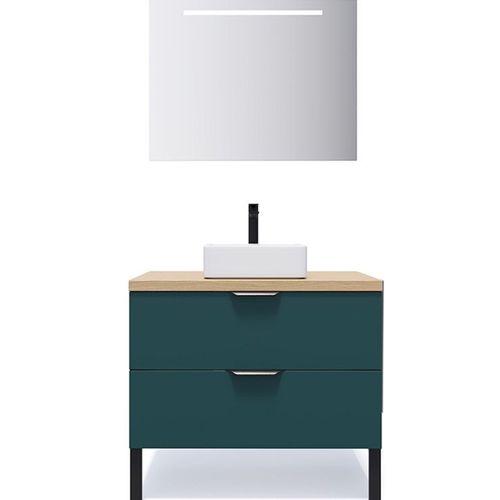 Meuble De Salle De Bain Vasque Posée 90cm 2 Tiroirs Bleu + Miroir - Soho