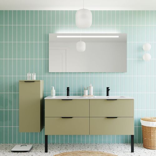 Meuble De Salle De Bain Double Vasque 140cm 4 Tiroirs Vert + Miroir - Soho