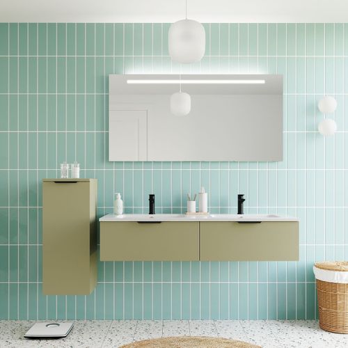 Ensemble Salle De Bain Double Vasque 140cm 2 Tiroirs Vert + Miroir + Colonne Gauche - Soho