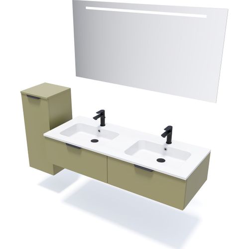 Ensemble Salle De Bain Double Vasque 140cm 2 Tiroirs Vert + Miroir + Colonne Gauche - Soho