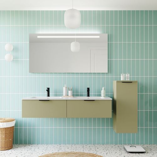 Ensemble Salle De Bain Double Vasque 140cm 2 Tiroirs Vert + Miroir + Colonne Droite - Soho