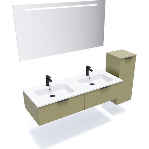Ensemble Salle De Bain Double Vasque 140cm 2 Tiroirs Vert + Miroir + Colonne Droite - Soho