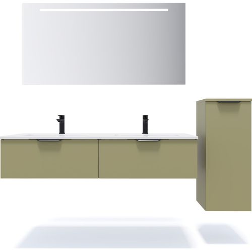 Ensemble Salle De Bain Double Vasque 140cm 2 Tiroirs Vert + Miroir + Colonne Droite - Soho