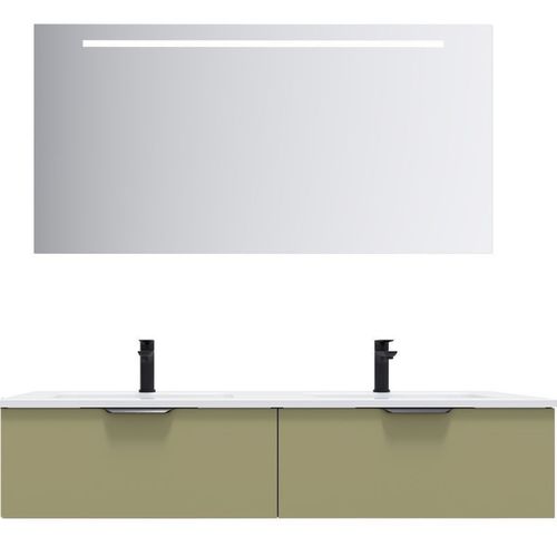 Meuble De Salle De Bain Double Vasque 140cm 2 Tiroirs Vert + Miroir - Soho