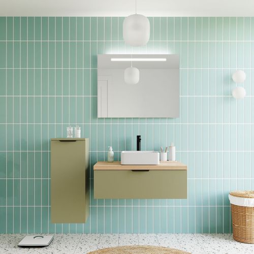 Meuble De Salle De Bain Vasque Posée 90cm 1 Tiroir Vert + Miroir - Soho