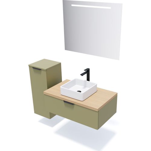 Meuble De Salle De Bain Vasque Posée 90cm 1 Tiroir Vert + Miroir - Soho