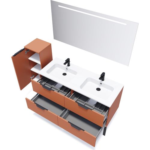 Meuble De Salle De Bain Double Vasque 140cm 4 Tiroirs Terracotta + Miroir - Soho